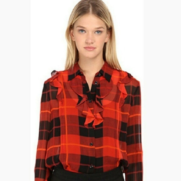 kate spade Tops - Kate Spade red plaid sheer ruffle blouse